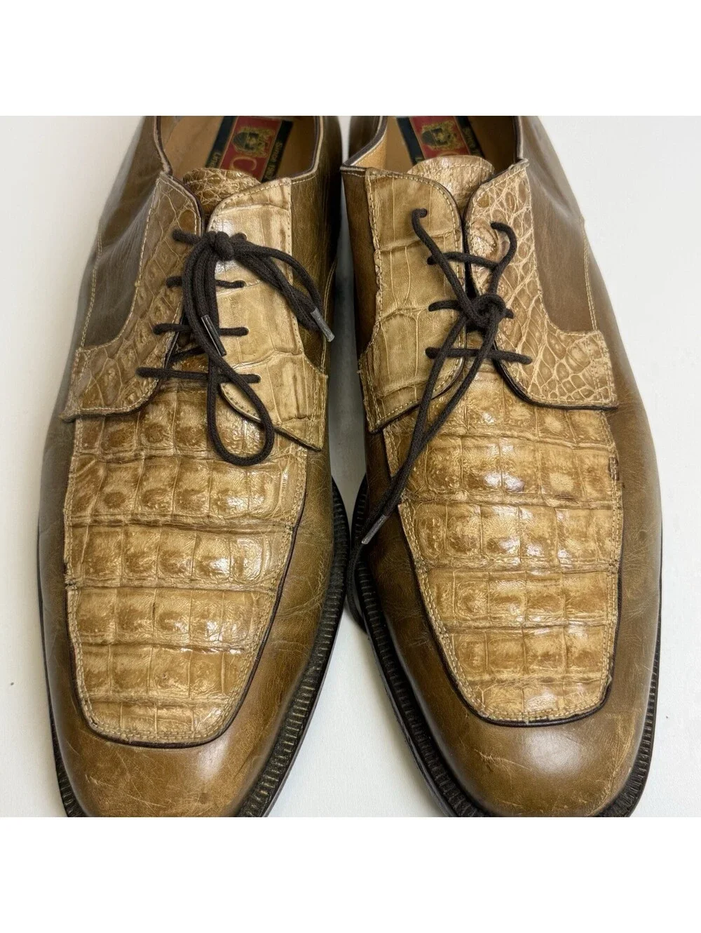 Vintage Caporicci Shoes Oxfords Sz 13 Brown Crocodile Leather Lace Up Italy Tan